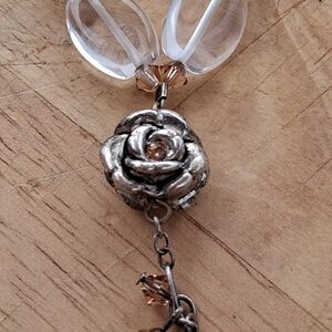 Delicate Silver Rose Pendant Necklace with Clear Beads